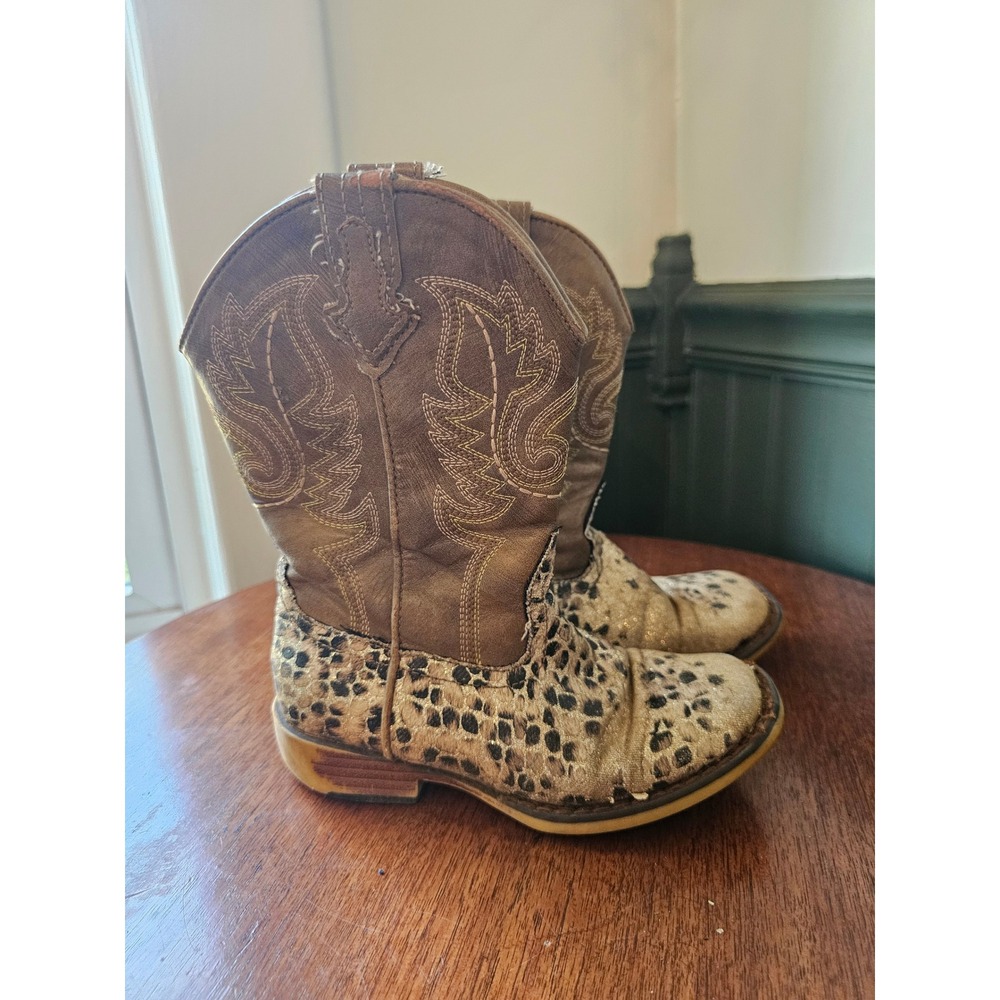 Roper Kids Cowgirl Boots Brown Leopard Print Glitter Square Toe Size 11